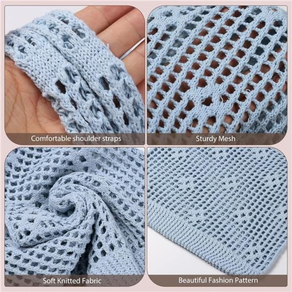 Crochet Tote Bag, Mesh Beach Bag Blue - Picture 3 of 7